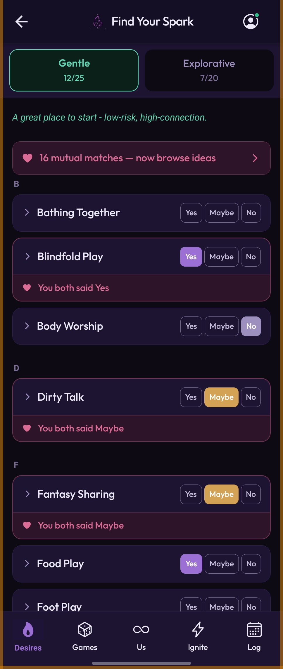 Ignite Us Find Your Spark screen, rating ideas Yes, Maybe, or No at the Gentle comfort tier, with a mutual matches banner