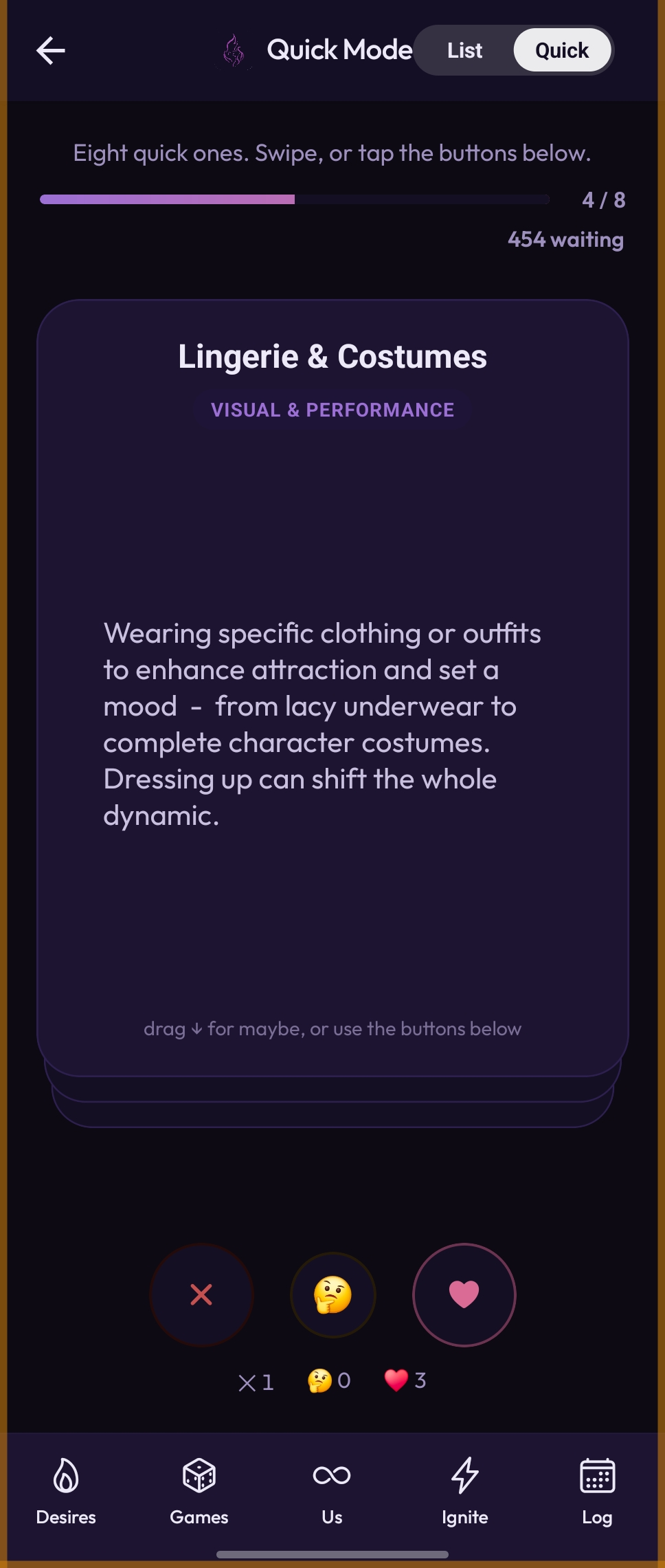 Ignite Us Quick Mode swipe screen, showing a Lingerie & Costumes idea card with Skip, Maybe, and Yes options