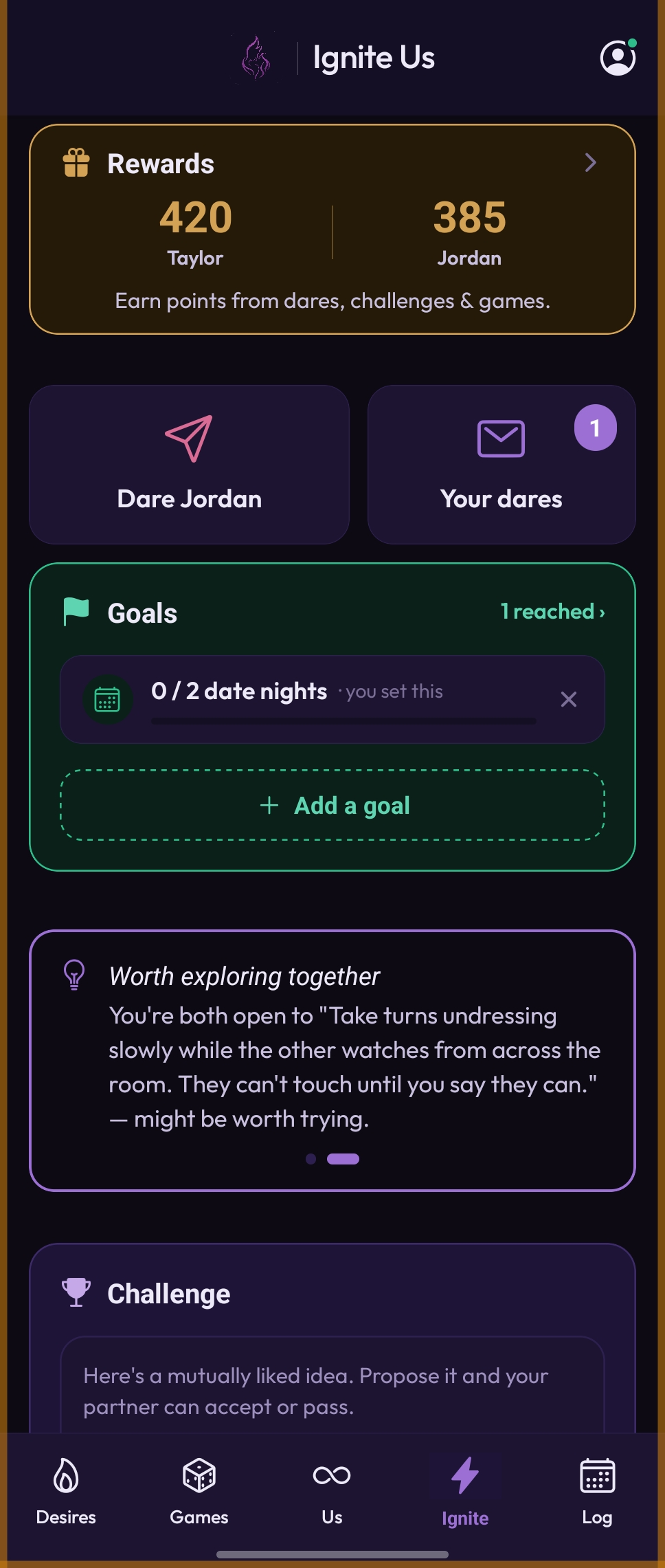 Ignite Us Ignite tab, showing a rewards points balance for both partners, Dare and Your Dares cards, a date-night goal tracker, a Worth Exploring Together prompt, and a Challenge card