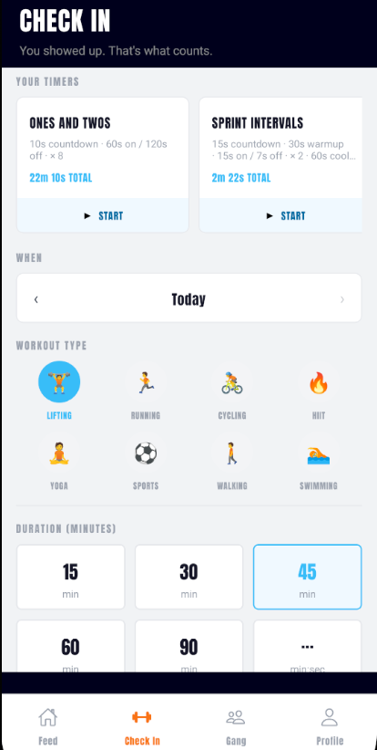 Workout Gang Check In screen, showing saved custom timers Ones and Twos and Sprint Intervals, a date selector, eight workout type icons including Lifting, Running, Cycling, HIIT, Yoga, Sports, Walking, and Swimming, and duration presets from 15 to 90 minutes