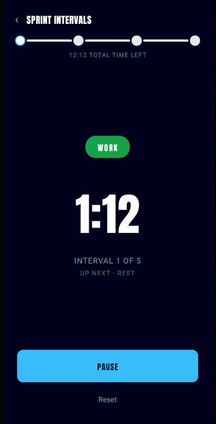Workout Gang Sprint Intervals timer running, showing a Work phase countdown of 1:12, interval 1 of 5 with Rest up next, total time left, and pause and reset controls